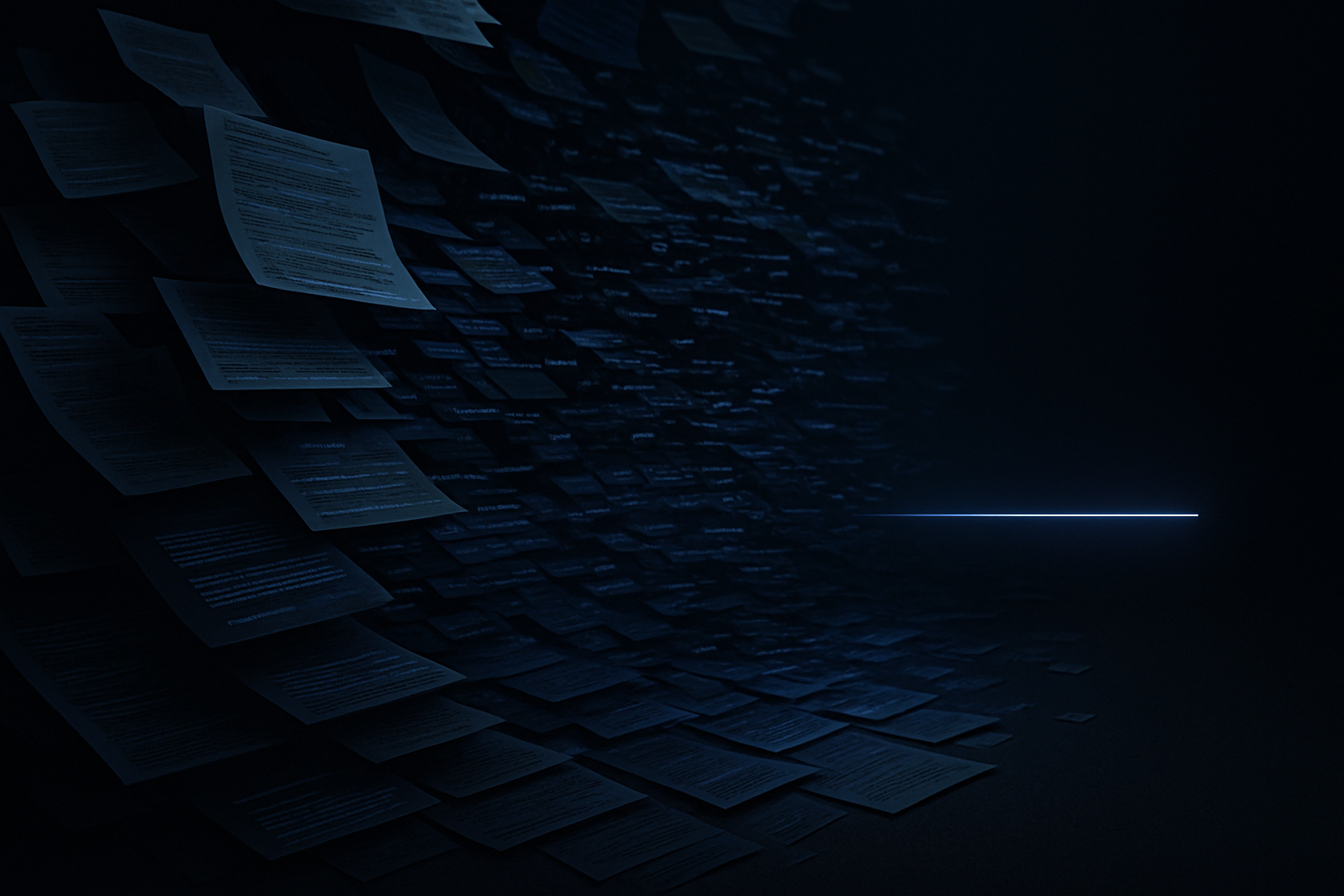 Editorialstyle cinematic image representing generative AI understanding documents and transforming them into decisionsserious enterprise technology ae-1