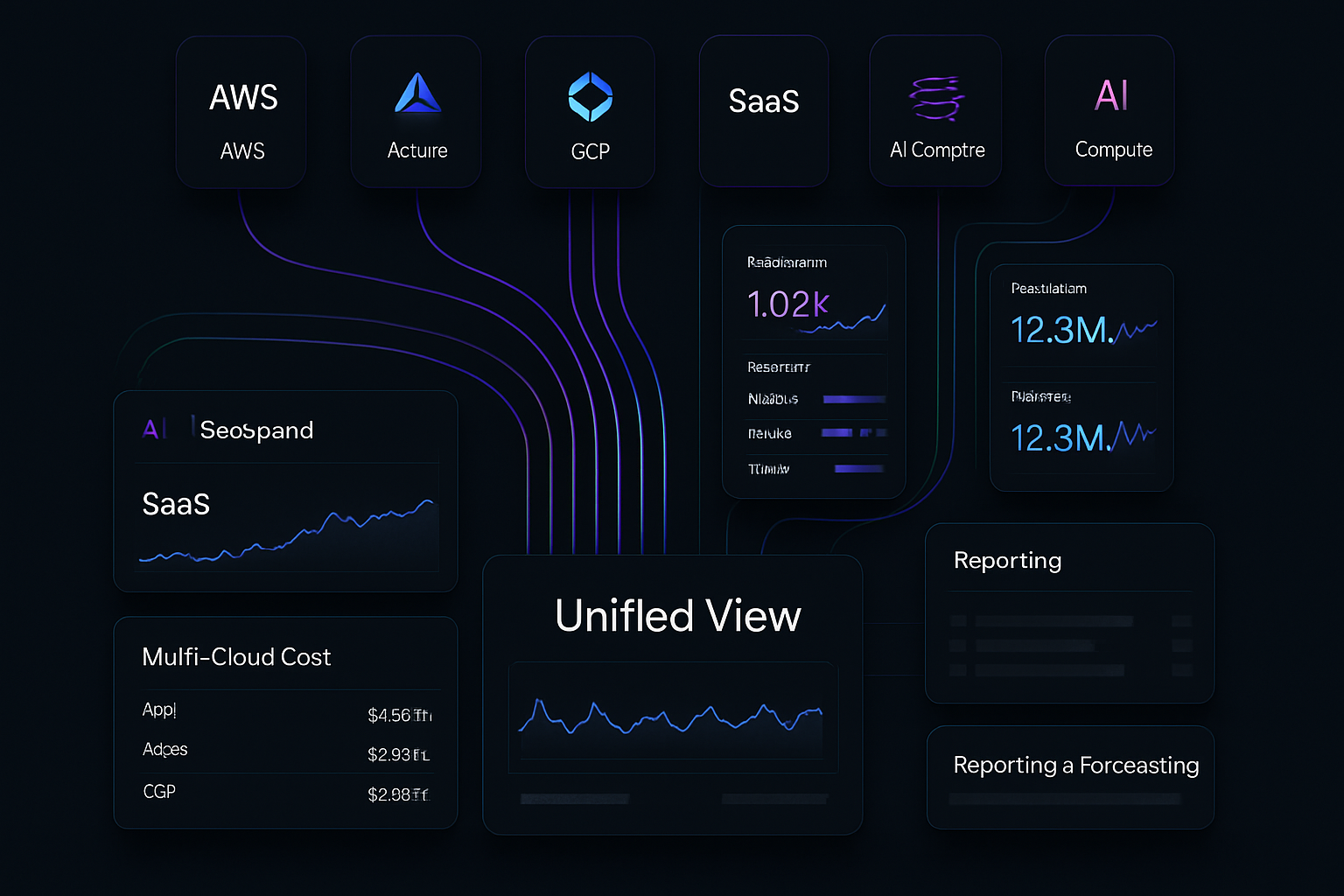 Ultrarealistic enterprise SaaS platform showing a unified control plane for cloud SaaS and AI spenddark Palantirstyle UI black and deep navy backgroun-1